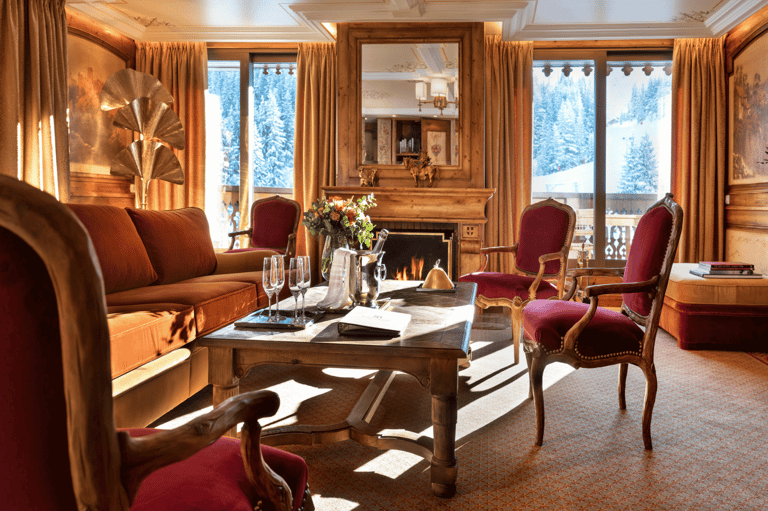 Living room of Le Refuge apartment, Hôtel de La Loze, Courchevel 1850